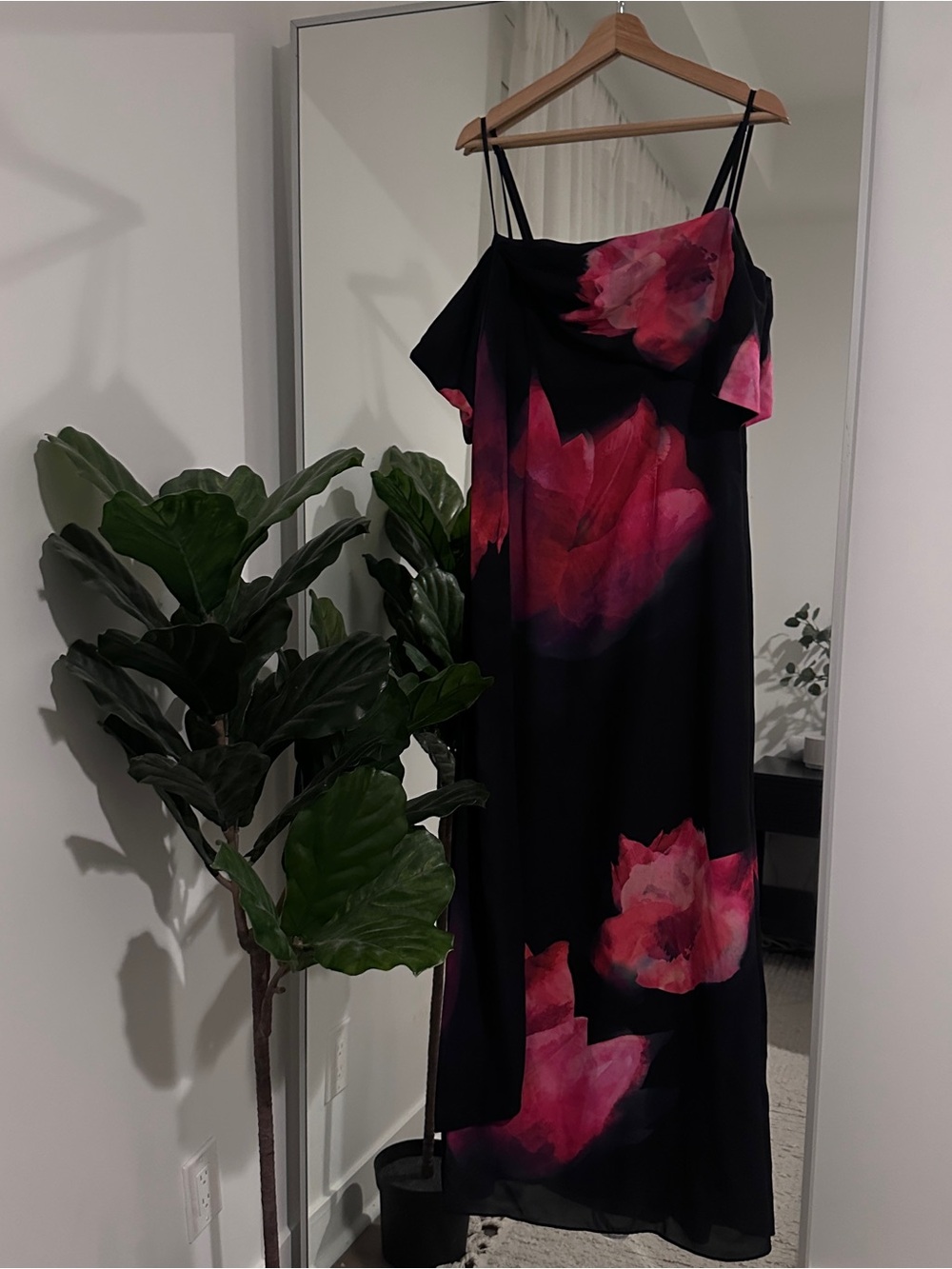 Black And Pink Floral Print Cowl-Neck Maxi Dress With One-Sleeve